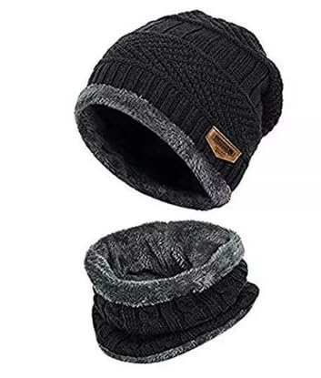 Winter Warm Set for Men & Women – Black Woolen Cap, Gloves, Sleeves & Socks | Ultra Soft, Stretchable & Thermal Knit Winter Accessories for Outdoor Comfort & Style (Black Cap Set)-image-1