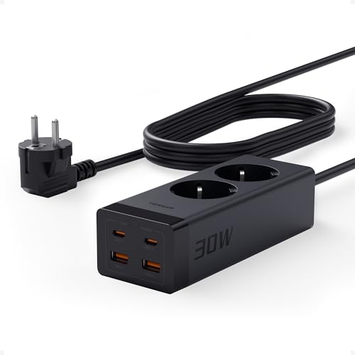 TESSAN Steckdosenleiste mit USB C PD 30W Schnellladen, GaN Mehrfachsteckdose mit 2 Schuko und 4 USB, Mehrfachstecker mit Verlängerungskabel 5M, Steckdosenleiste Überspannungsschutz für Büro
