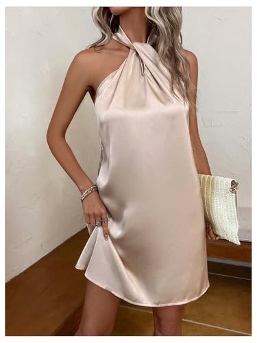 Image of Floerns Women's Pearl Beaded Halter Twist Sleeveless Tie Back Dress A Line Dress
