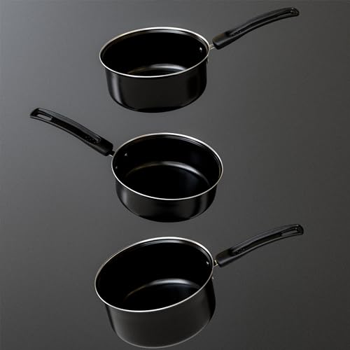 Image of EcoLuxe Saucepan Set of 3 for Tea Milk, Coffee, Chai Pan Induction Base and Gas T Pan (patila)|Tea /Milk Boiling Pot Vessel | Sospan with Bakelite Handle 950, 1200, 1600 ML Capacity 16cm, 17cm Black