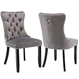 Grey Velvet Dining Chairs Set of 2, Upholstered Dining Room Chairs with Back Ring Pull Trim and Solid Wood Legs,Tufted Wingback Kitchen Chairs for Dining Room,Living Room,Kitchen(Grey)