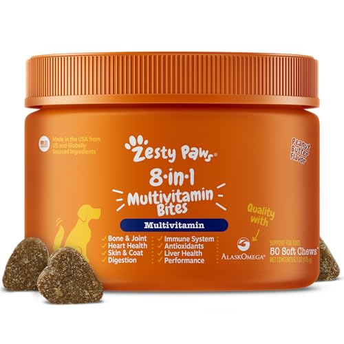 Zesty Paws Dog Multivitamin, Chewable Dog Vitamins and Supplements for Hip & Joints, Skin & Coat, Omega 3 Fish Oil for Dogs- Senior & Puppy Multivitamin- Peanut Butter- 50ct