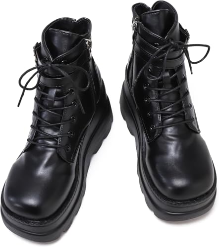 Image of Womens Goth Platform Boots Chunky High Heel Booties Round Toe Combat Ankle Boots Womens Lace Up Motorcycle Wedges Shoes