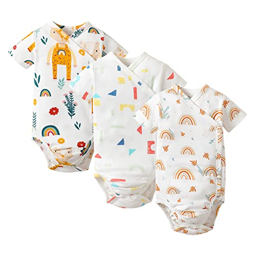 Image of DEFAHN Baby Side Snap Bodysuit Kimono Onsies Newborn Boy Girl 3-Pack 100% Cotton Basic Pattern Kimono Bodysuits