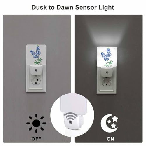 Image of Led Night Light,Blue Texas Watercolor Bluebonnet Led Night Light Plug Into Wall with Dusk to Dawn Light Sensor White Energy Efficient Nightlight for Bedroom Hallway Living Room Kitchen