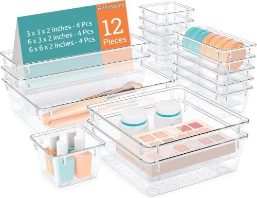 Image of Aliensware 12Pcs Transparent Drawer Organizer, Versatile Bathroom and Vanity Organiser,Storage Bins for Makeup Cosmetics,Jewellery,Kitchen,Bathroom,Bedroom,Office,Gadget