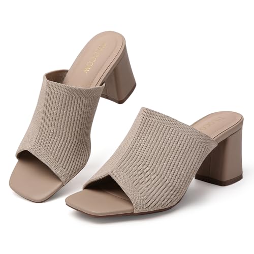 Image of Tilocow Knit Heeled Sandals for Women Square Open Toe Heeled Mules Chunky Block Low Heel Slip On Slides