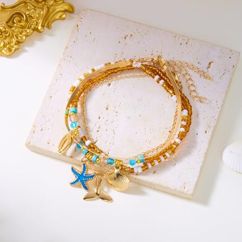 Image of Anklets for Women Fancy, Stylish Payal for Woman, Layered Shell and Starfish Pearl Beaded Anklet Set, Adjustable Beach Jewellery for Girls, Boho Accessories for Summer Festivals