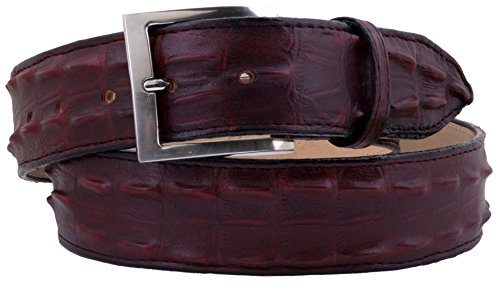 Mens Burgundy Cowboy Belt Crocodile Tail Print Leather Belt Silver Buckle