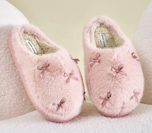 Furry Bow Slippers for Women Fleece Lined Warm Winter Slides Cute Fuzzy House Shoes Indoor Outdoor2