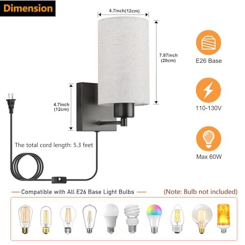 Image of KOONTING Plug in Wall Sconce Set of 2, Rustic Wall Lamp Wall Light Fixture | With Plug-in Cord and On /Off Toggle Switch, Grey Fabric Shade Wall Light for Headboard Bedroom Living Room (Circle-Linen)