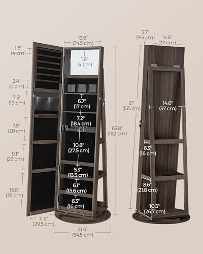 SONGMICS 360° Swivel Jewelry Cabinet, Lockable Jewelry Organizer with Full-Length Mirror, Rear Storage Shelves, Interior Mirror, Jewelry Armoire, Gift Idea, Ash Brown UJJC006K02