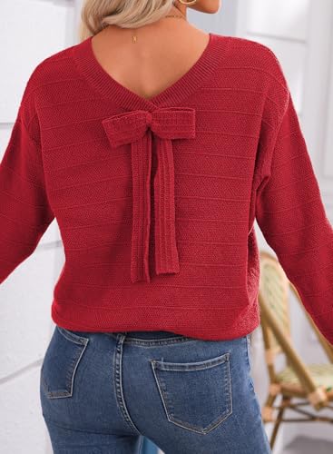 Image of EVALESS Sweaters for Women Long Sleeve Fall Outfits 2026 Back Bow Knot Sweaters Round Neck Solid Knit Pullover Tops