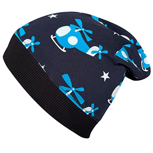 Wollhuhn Gorro de algodón ligero para niño/niña, varios diseños (de materiales ecológicos, ecológicos) 20160204, Helicóptero negro/azul, 48-50 Cover