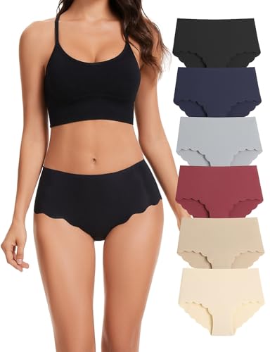 Caterlove Women's High Waisted Seamless Underwear No Show Wave Edge Bikini Panties Full Coverage Hipster 6 Pack