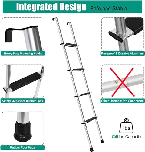 Image of 67 inch RV Bunk Ladder, 4 Step Integrated Aluminum Camper Bunk Bed Ladder with Anti-Slip Rubber Foot Pads, Sliver