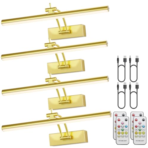 Image of Yuichoy 4 Pack Picture Light Battery Operated for Wall, 16 inch Wireless Art Lighting for Painting, 6 Colors Picture Frame Lights with Remote, Dimmable 5200mAh Gallery Light, Gold