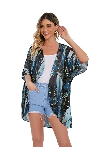 Image of Women's Floral Print Puff Sleeve Kimono Cardigan Loose Cover Up Casual Blouse Tops 2026