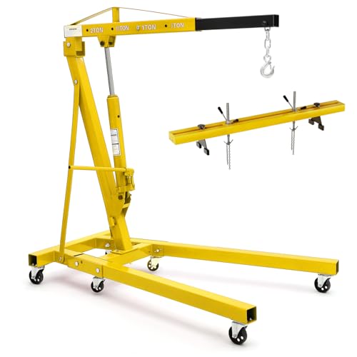 EliteEdge 2 Ton Folding Hydraulic Engine Hoist with 59 in Load Leveler 4400 LBS Capacity Heavy Duty Cherry Picker 6 Swivel Wheels Engine Support Bar 1100 LBS Capacity for Garage Workshop Warehouse
