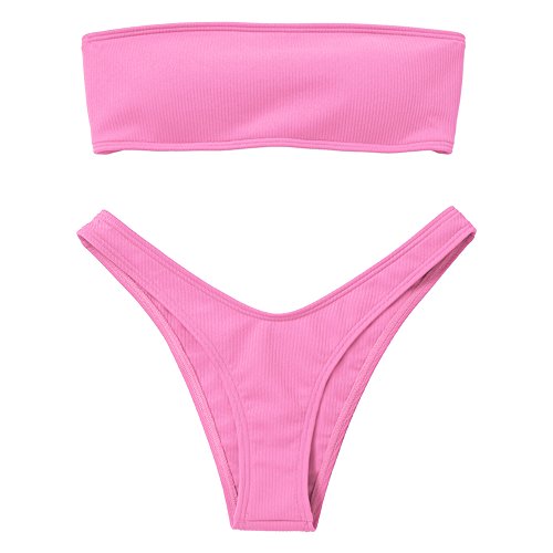 Zaful women’s solid high cut ribbed bandeau bikini set sexy pad…