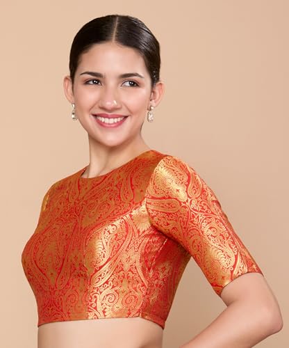 Image of Studio Shringaar Women Brocade Silky Jewel Neck Readymade Elbow Length Sleeve Saree Blouse