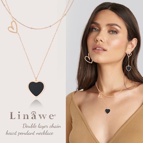 Linawe Layered Choker Heart Pendant Necklace for Women Trendy, Gold/Silver/Rose Gold Chain Stainless Steel Stacked Necklaces, Double Heart Necklace Y2K Preppy Jewelry2