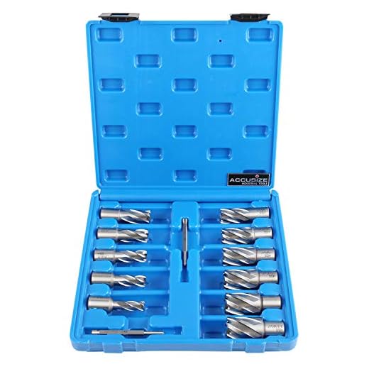 Accusize Industrial Tools 13 Pc 7/16'' to 1-1/16'' Hss Annular Cutters, 1'' Cutting Depth, 3/4'' Weldon Shank, with 2 Pilot Pins, Strong Box, N10