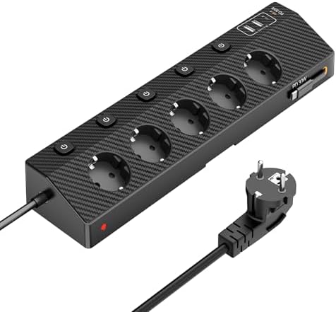 Tischsteckdose Steckdosenleiste mit 2 USB C (PD 30W),5 Fach Mehrfachsteckdose mit Schalter,Steckdosenleiste mit USB,4000W/16Amit 3M Kabel für Zuhause Büro und Reisen (Schwarz, 3M &