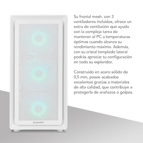 Miniatura 4 de NOX Xtreme Products Hummer Aero – Semitorre ATX|M-ATX | ITX Incluye 4 Ventiladores ARGB PWM 140mm, Frontal Mesh, Lateral Cristal Templado, USB-C y USB 3.0, Soporte GPU 420mm, Filtro Magnético, Blanco