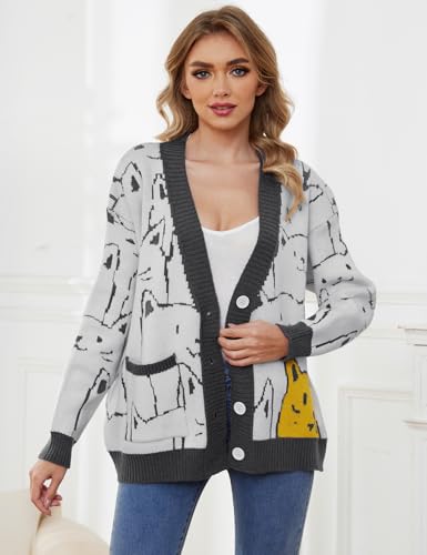 Image of Gihuo Women Cat Sweater Oversized Cute Kawaii Cardigan Knit Graphic V Neck Loose Fit Long Sleeve Cardigan Coat