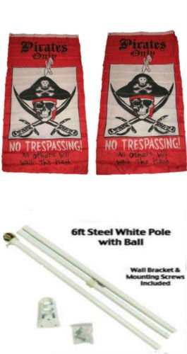 Moon Knives 3x5 Pirate Pirates Only Trespassing 2ply Flag White Pole Kit Gold Ball Top - Party Decorations Supplies For Parades - Prime Outside, Garden, Men Cave Decor Flag