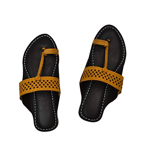 KORAKARI - Women Yellow Diamond Punching Upper and Dark Brown Base Authentic Kolhapuri Chappal with Single Central Lace, Cushione (Padded) Bottom (US 7)
