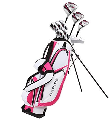 Aspire X1 Ladies Womens Complete Right Handed Golf Clubs Set Includes Driver, Fairway, Hybrid, 6-Pw Irons, Putter, Stand Bag, 3 H/C's Cherry Pink Petite Size For Ladies 5'3" And Below! #TOP1