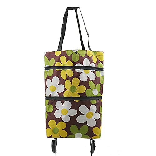Trolley Folding Shopping Bag Collapsible Two-Stage Zipper Folding Shopping Bags 2 In 1 Foldable Shopping Portable Cart With Wheels Lightweight Storage Bag for Shopping Fruits Vegetables (Brown Flora)