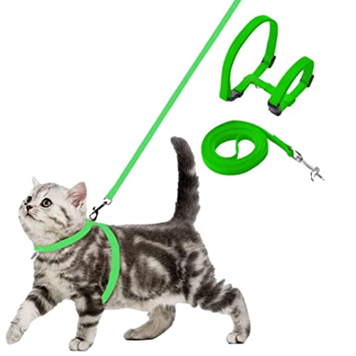 Image of Cat & Small Pet Nylon Strap Collar with Adjustable Walking Harness Leash Pet Walking for Kitten- Plain (Green)