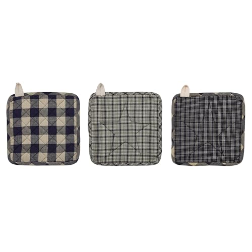 VHC Brands Cotton Pot Holder Set of 2, Heat Resistant, Kitchen Potholders, My Country Collection, Square 8x8, Navy