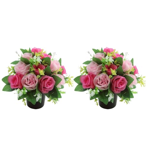 2 pezzi fiori di cimitero artificiale, decorazione di pietra tombale di cimiteri, piccole piante artificiali per funerali commemorativi, decorazione di cimitero con vaso (B)
