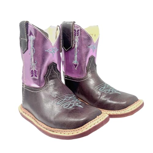 ROPER Infants Cowbabies Western Boots, Brown Leather Vamp with Metallic Purple Shaft, Arrow Embroidery, 3.5 Inch Shaft,2