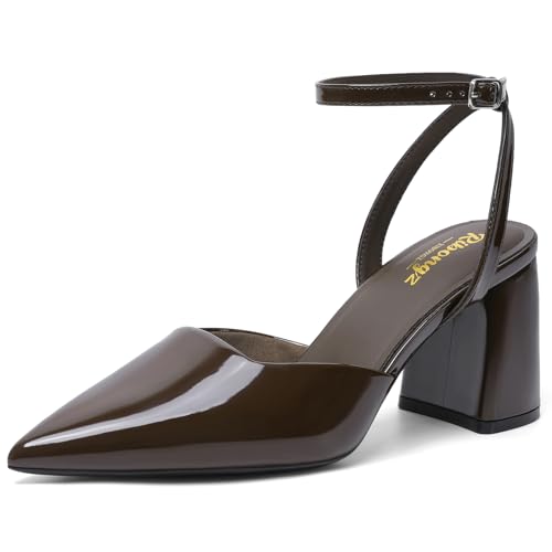 Image of RIBONGZ Block Heels for Women Closed Pointed Toe Heeled Slingback Chunky High Heel Ankle Strap Pumps Patent Leather Comfort Dressy Shoes for Work Party Prom Wedding Bridal Dress