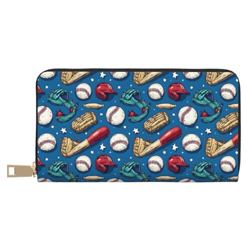 Leather Thin Slim Wallets for Women Men - Fashion Baseball Blue Print Card Wallet Holder with Zipper