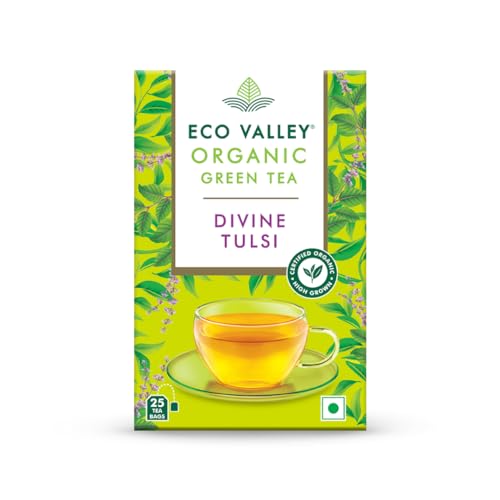 Image of Eco Valley Organic Green Tea - Divine Tulsi - 25 or 30 Tea Bags | Certified Organic | Grown In Nilgiris | Zero Calories | Rich In Antioxidants, 50 grams, Pack of 1