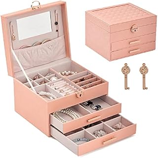 ANWBROAD Jewellery Box for Teengirls Jewellery Organizer Box with 3 Drawers Mirror and Lock Soft Lining for Girls Earring Necklace Ring and Jewels Beautiful and Luxurious JJB010F