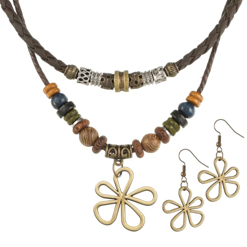 Mehrlagige Halskette Holzperlen mit, Hippie-Boho-Halskette Hohlen Blumenohrringen, Boho-Schmucksets,...