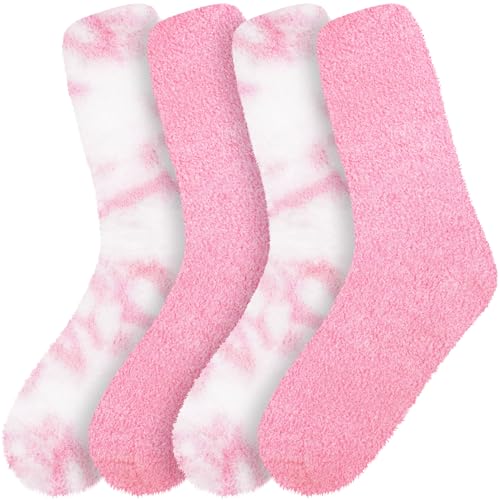 Image of BambooMN Women's Girl Fuzzy Warm Fluffy Tie-Dye Colorful Fun Crew Socks - 4 Pairs