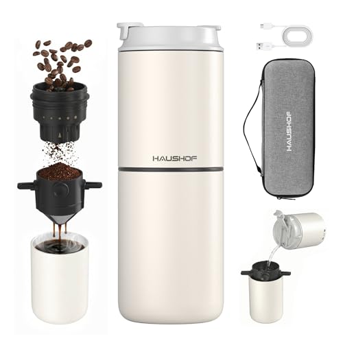 Image of HAUSHOF Portable Travel Coffee Maker, Cordless Coffee Maker Small Pour Over Set, Compact Coffee Maker with Electric Grinder & Insulated Mug for Travel, Camping, Car