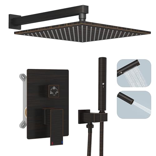 Hoimpro Duschsystem Set mit 12 Zoll Badezimmer Regenmischer Duschkopf und Handheld Wandmontage, Regendusche Wasserhahn Befestigung Combo mit Hochdruck 2 in 1 Handbrause Ölgummi Bronze
