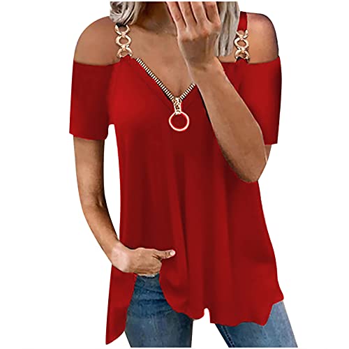 Women Summer Sexy Tshirt Tops Ladies Trendy Casual Loose Fit Strapless Tunic Blouses Short Sleeve Solid Zipper Tees Women Summer Sexy Tshirt Tops Ladies Trendy Casual Loose Fit Strapless Tunic Blouses Short Sleeve Solid Zipper Tees