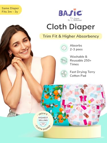 Image of SuperBottoms BASIC Cloth Diaper Combo | 2 Reusable Diapers + 2 UltraThin Dry Pads + 5 Disposable Top Sheets | Adjustable, Washable, Rash-Free & Eco-Friendly for Babies (3M-3Y)