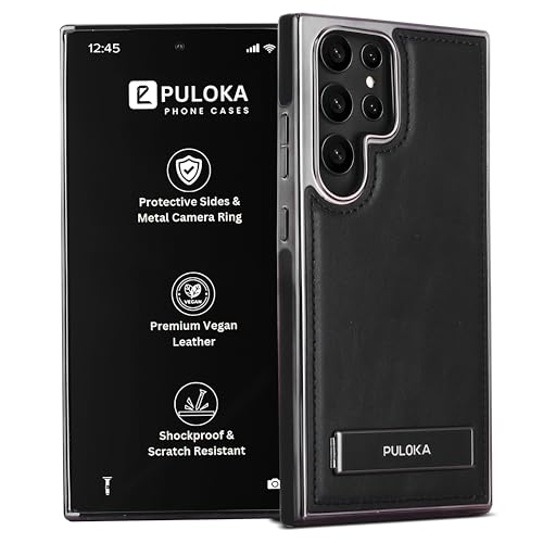 Image of PULOKA Chrome Leather Back Case - Compatible with Samsung Galaxy S25 Ultra - Luxury Bumper Case - Flexible Vegan Leather - Electroplated Sides - Full Camera Protetection & Raised Edges - Black