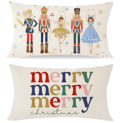 HERHOME Merry Christmas Throw Pillow Covers 12x20 Inch Set of 2 Nutcracker Christmas Decor Xmas Winter Holiday Lumbar Decorative Cushion Cases Party Decorations for Home Living Room Couch Sofa